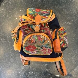Boho Multicolor Vintage Woven Canvas Backpack with Tan Leather Trim